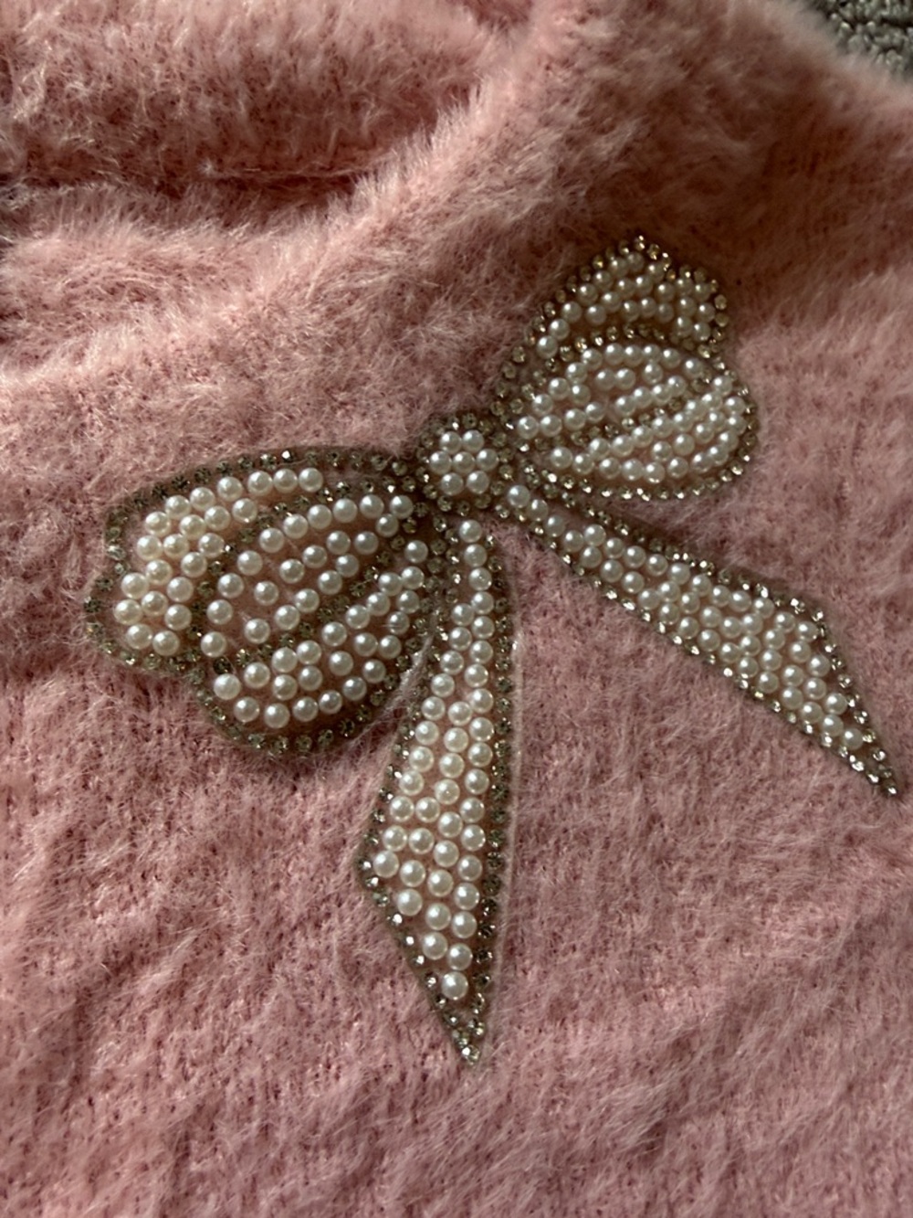 Stellah Soft Pink Fuzzy Sweater with Pearl Bow - Picture 3 of 3